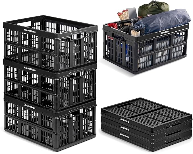 CleverMade Collapsible Utility Crates-Obsidian 3pck 45L / 11 Gal holds 66 lbs - Stackable Containers Heavy Duty Capacity Crates Space-Saving Baskets