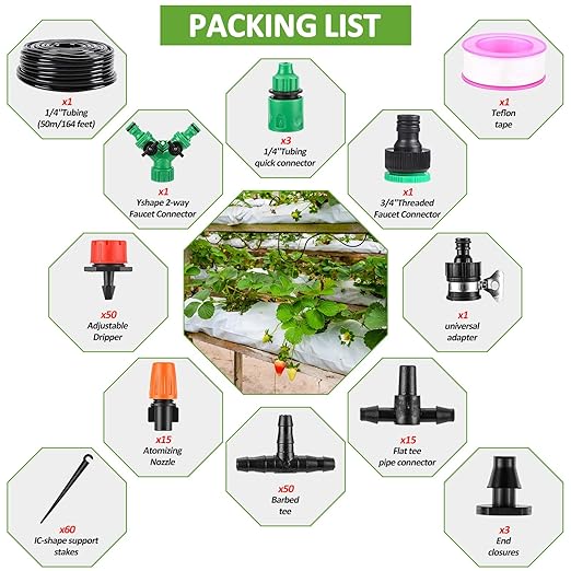 LasTool Garden Watering System,164FT/50M Drip Irrigation System Kits with 1/4 inch Blank Distribution Tubing Hose, Automatic Irrigation Equipment Set for Patio Lawn