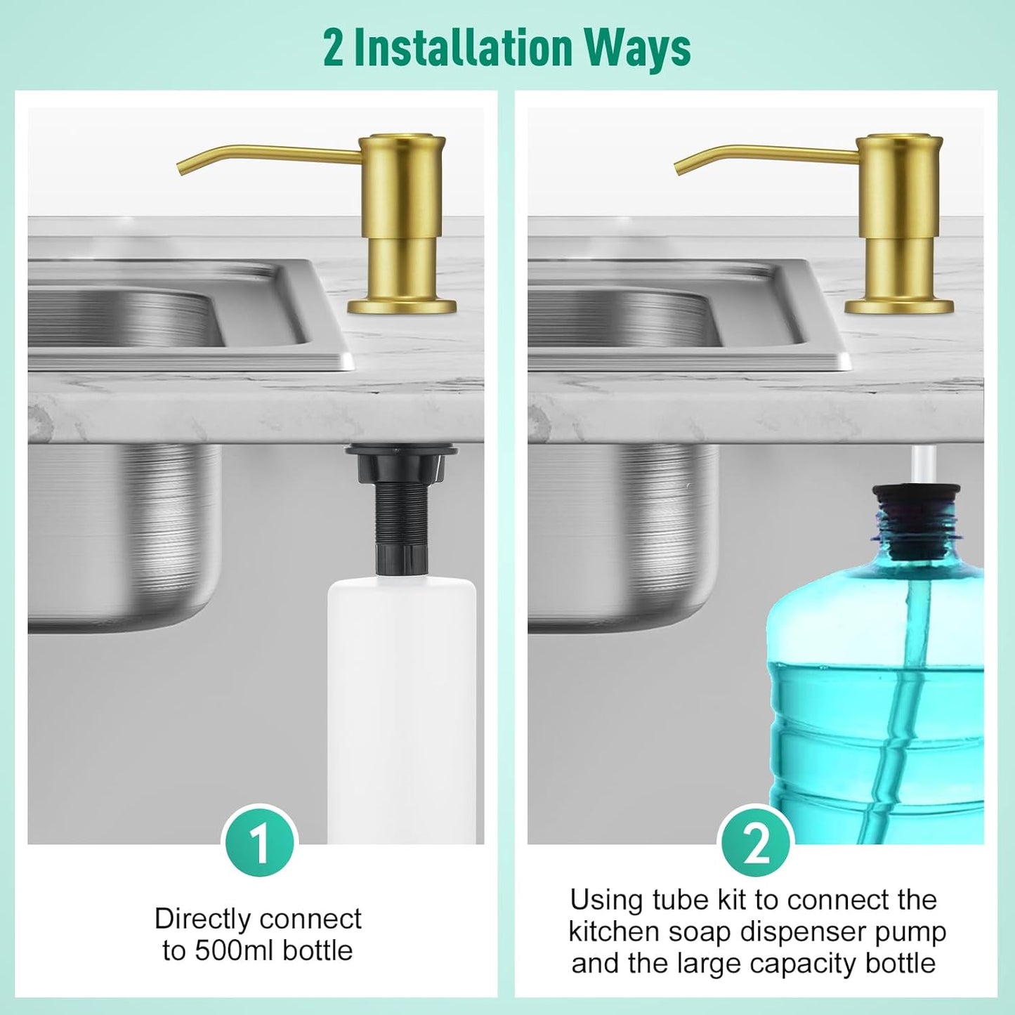 CREA Brushed Gold Kitchen Soap Dispenser Countertop Soap Dispenser for Kitchen Sink, Built in Sink Soap Dispenser for Bathroom with 39" Tube Large Capacity 17 OZ Bottle