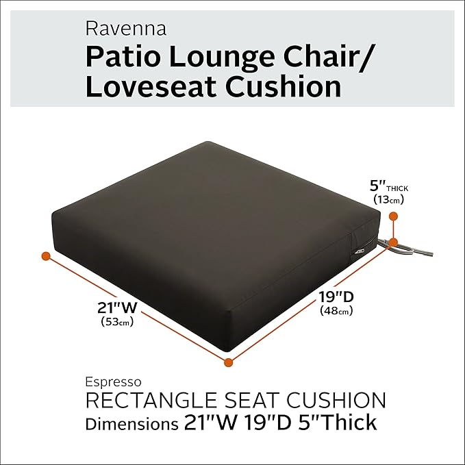 Classic Accessories Ravenna Water-Resistant 21 x 19 x 5 Inch Patio Seat Cushion, Espresso, Patio Loveseat Cushion