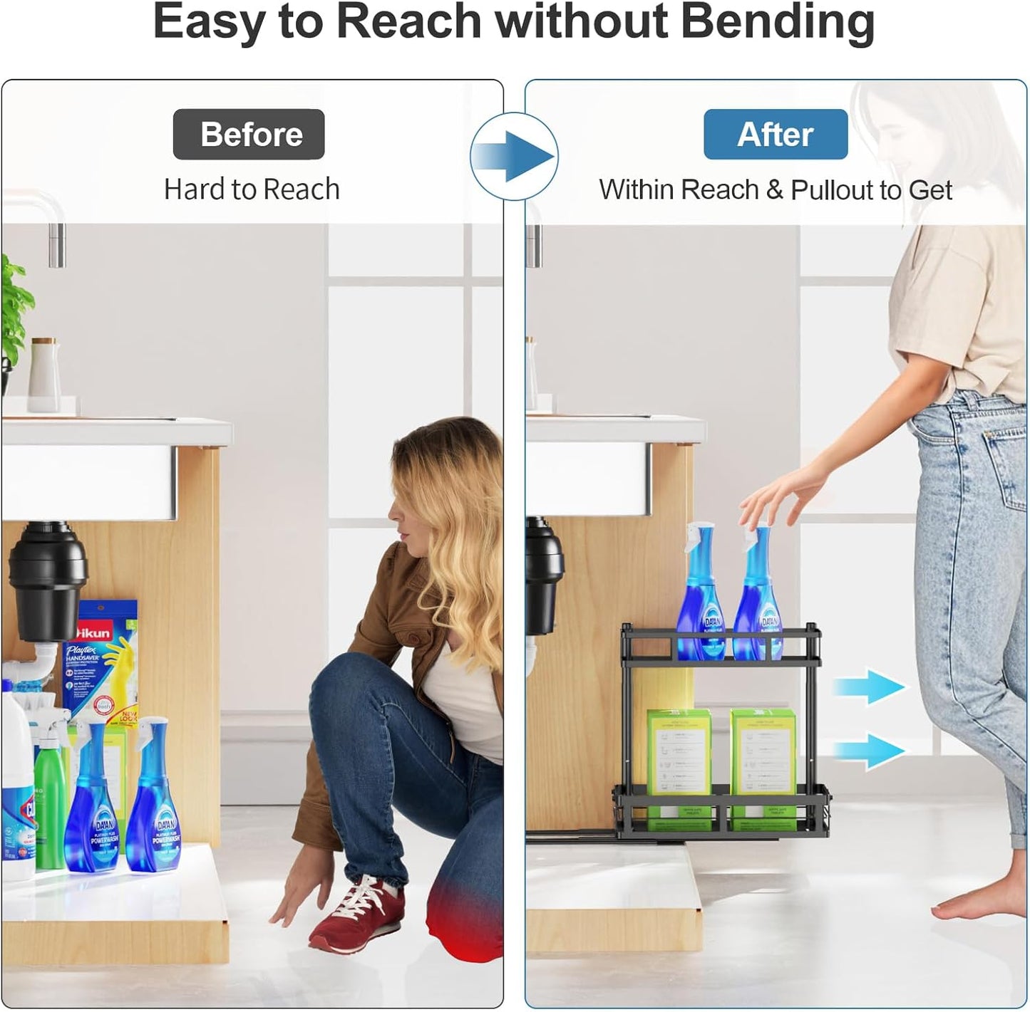 iSPECLE Under Sink Organizer - 2 Pack Under Kitchen Sink Pull Out Organizer Expandable Width Add Storage Space, Adjustable Height Easy Get Items, Under Sink Storage No Drilling Slide Smoothly