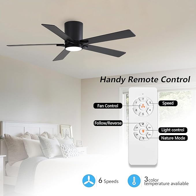 WINGBO 52" DC Flush Mount Ceiling Fan with Lights, 6-Speed Reversible DC Motor, 3CCT, Low Profile Hugger Ceiling Fan for Living Room Bedroom Kitchen, Black Finish and Black/Walnut Blades