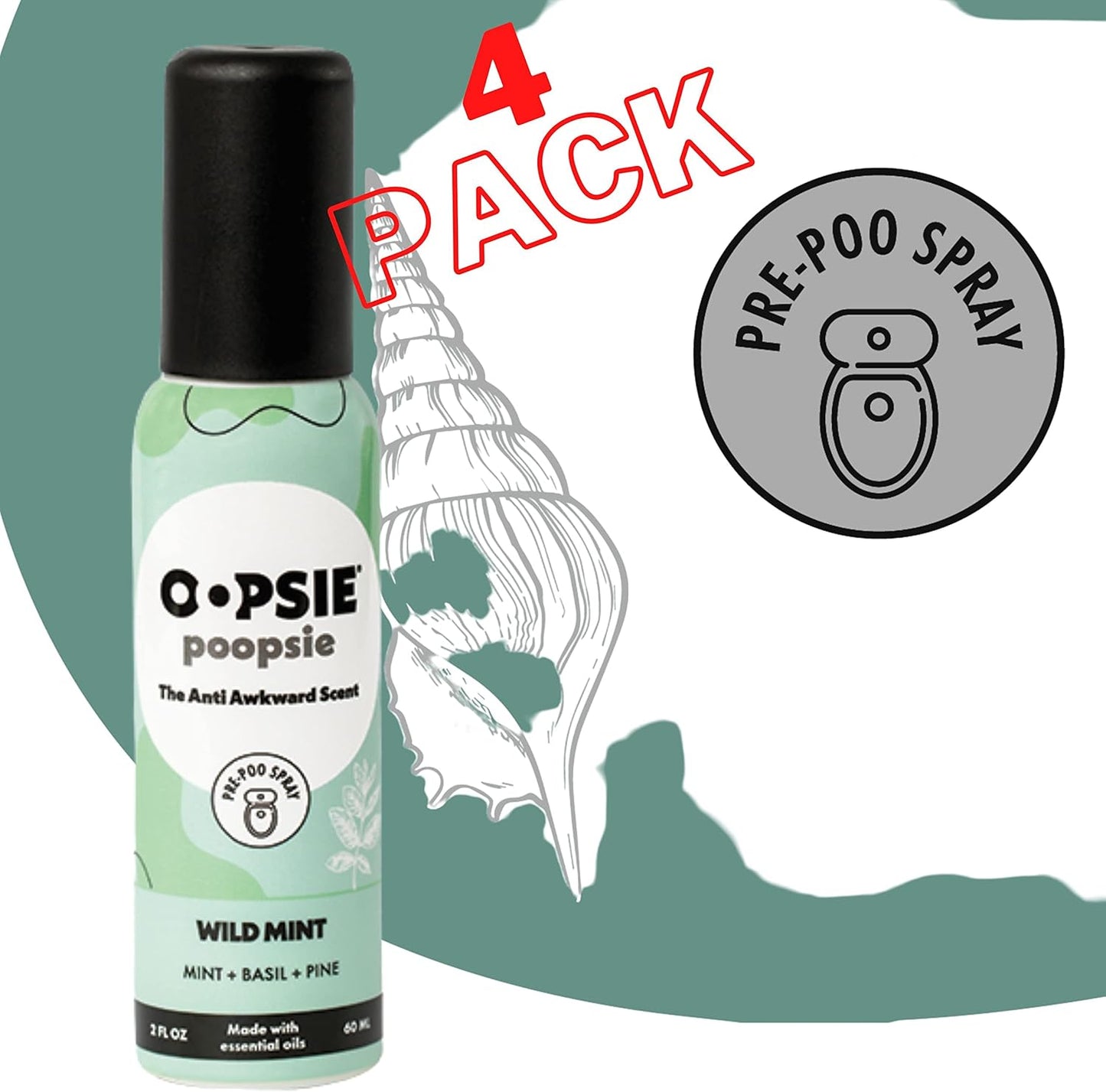 OOPSIE POOPSIE - Wild Mint - Before & After You Go Toilet Spray 2oz - Portable Odor Eliminator - 4 Pack