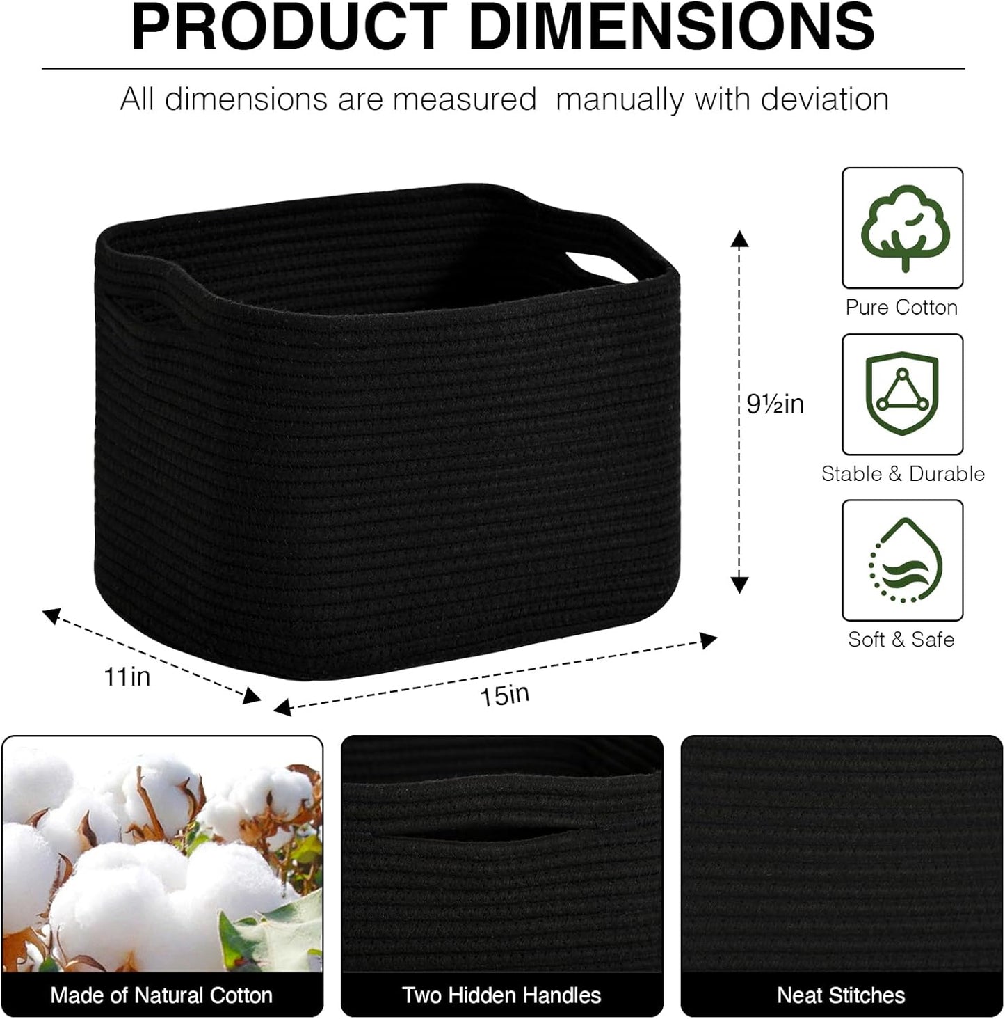 Woven Cotton Rope Storage Basket for Organizing, Cute Decorative Baskets for Gifts Empty, Organizer Bins for Dog Toy, Baby Laundry, 15“×11”×9.5“, Black