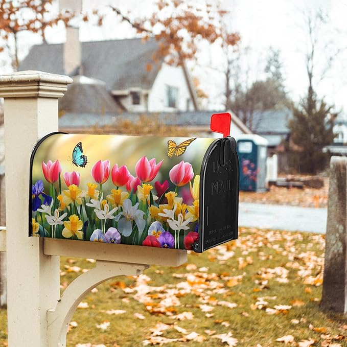 Spring Flowers Mailbox Covers Magnetic Standard Size 21’’x18’’ Floral Butterfly Letter Box Wrap Spring Summer Seasonal Waterproof Post Letter Box Wrap Decor for Home Outdoor Garden Yard