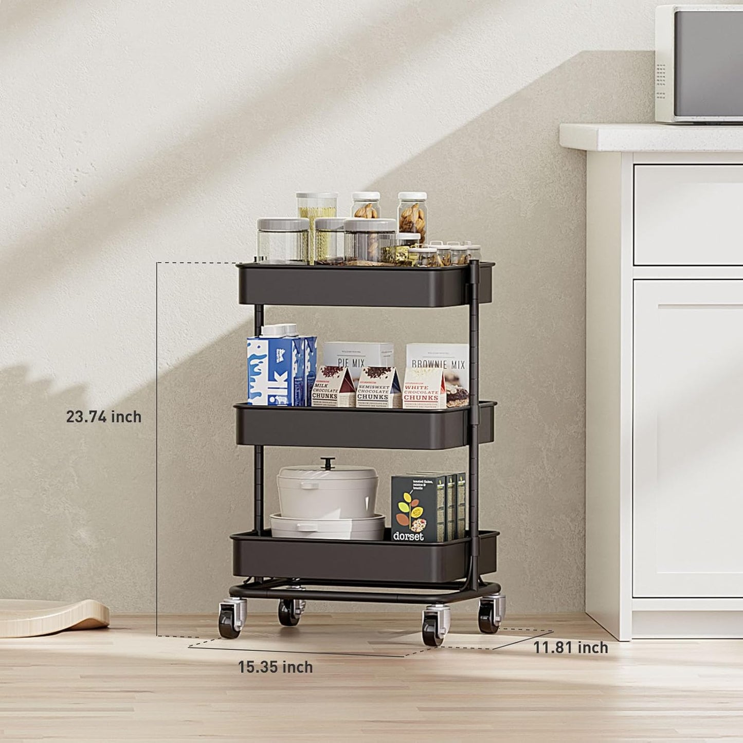 3 Tier Modern Metal Rolling Tool Cart with Silent Casters, 15.35x11.81x23.74 inch Heavy Duty Organization Truck Trolley Organizer for Office, Living Room, Kitchen, (Black)