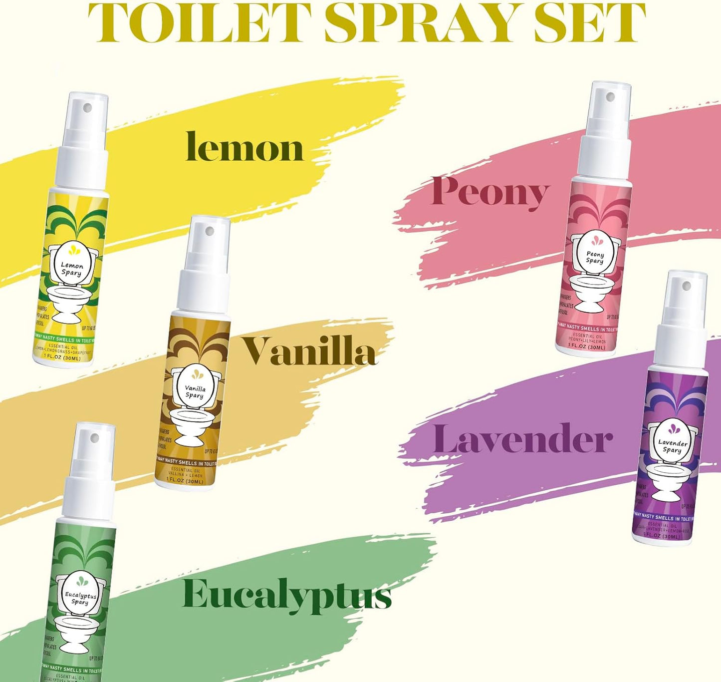 Travel Size Toilet Spray, Air Freshener Spray for Bathroom Deodorizer, Travel Essentials Variety - Lemon, Lavender, Vanilla, Peony, Eucalyptus