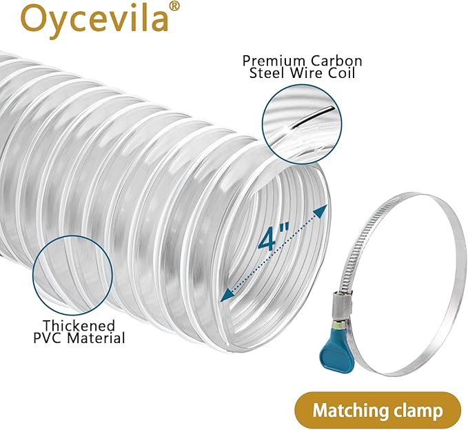 Heavy PVC Dust Collection Hose 4" x 10', 4 Inch Dust Collection Hose Flexible Clear PVC with Carbon Steel Wire Coil for Dust Collectors by Oycevila