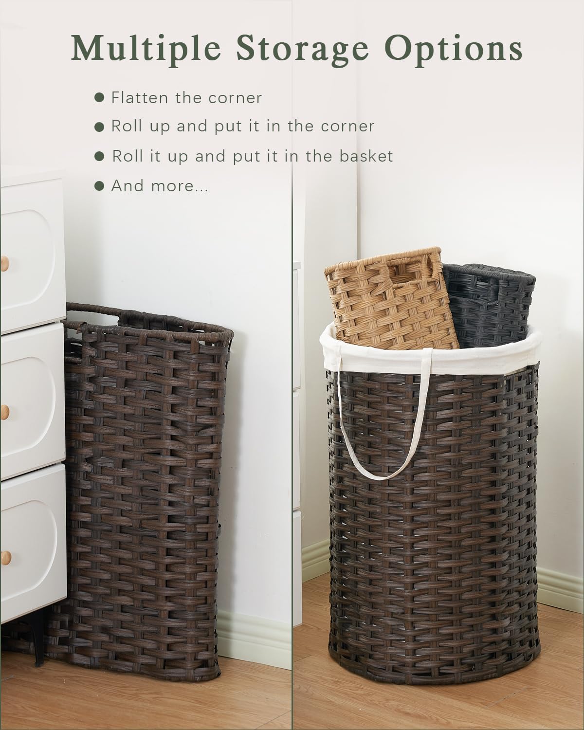 34.3 Gal (130 L) Large Laundry Hamper Laundry Basket Round Handwoven Wicker Laundry Baskets Rattan Laundry Basket with Removable Bag Handles 2 Mesh Bags for Living Room Bedroom Brown