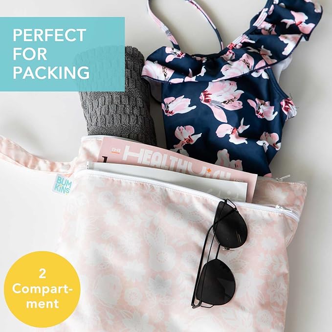 Bumkins Waterproof Wet Dry Bag for Baby, Travel, Swim Suit, Cloth Diapers, Pump Parts, Pool, Beach, Gym Clothes, Toiletry, Hook to Stroller, Daycare, Zipper Reusable Wetdry Packing Pouch, Floral Gray