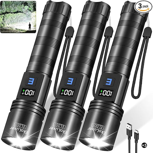 3Pack Rechargeable Flashlights 990,000 High Lumens, Super Bright Flashlight with LCD Digital Display, 5Modes Adjustable LED Flashlight Tactical Flashlights High Powered, Flash Lights for Emergency