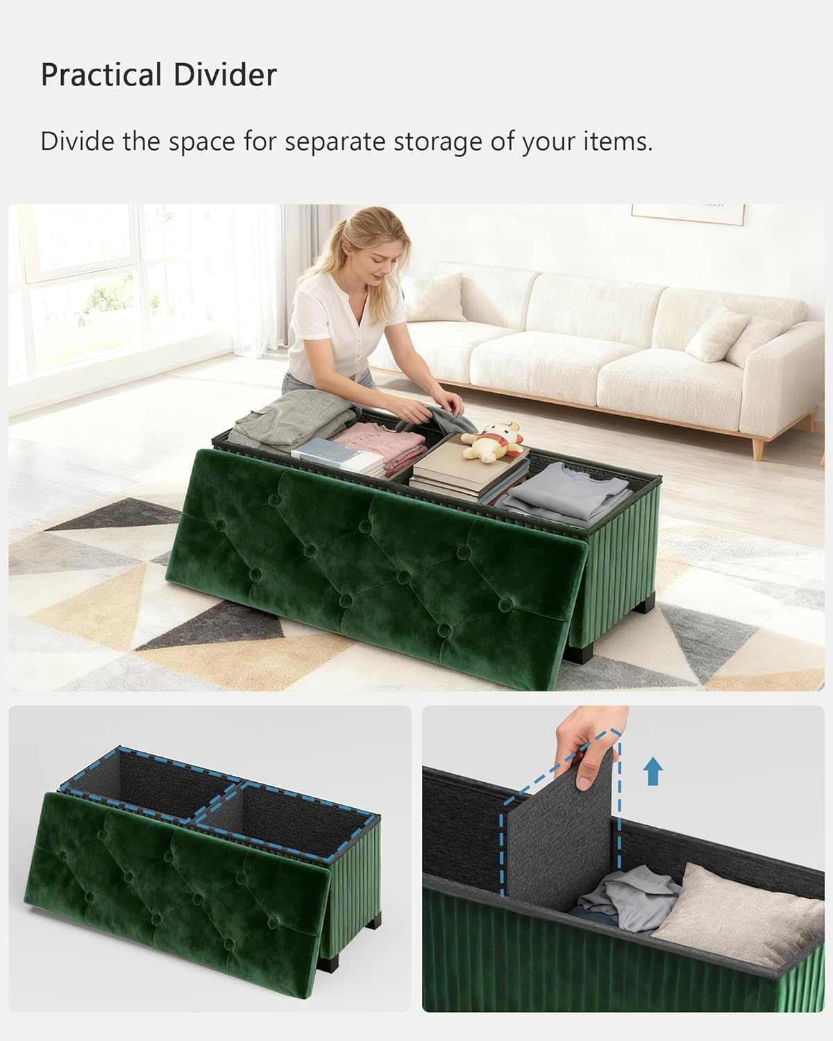 Storage Ottoman Bench, 43 Inch Foldable Ottoman with Legs, Velvet Foot Rest Stool, End of Bed Bench, Storage Chest for Living Room, Bedroom (Green)