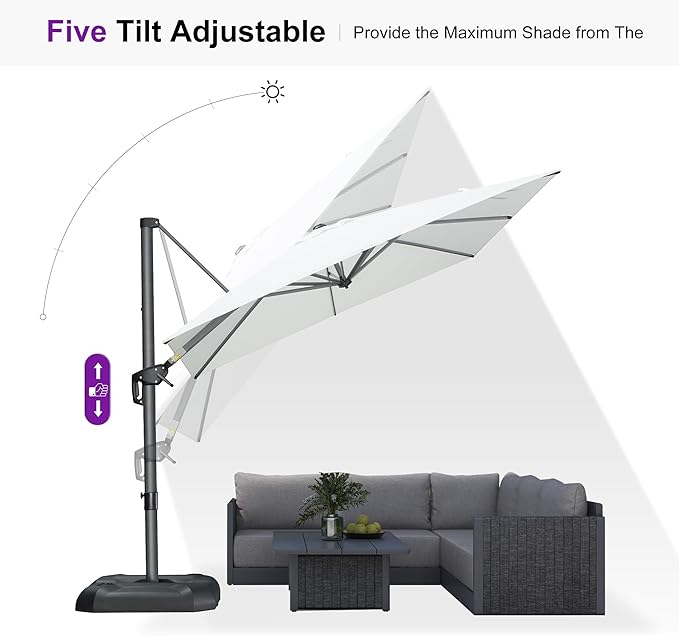 PURPLE LEAF 8 Feet Square Cantilever Umbrella Patio Umbrella with Base Outdoor Umbrella Aluminum Offset with 360-degree Rotation for Garden Deck Pool Patio White