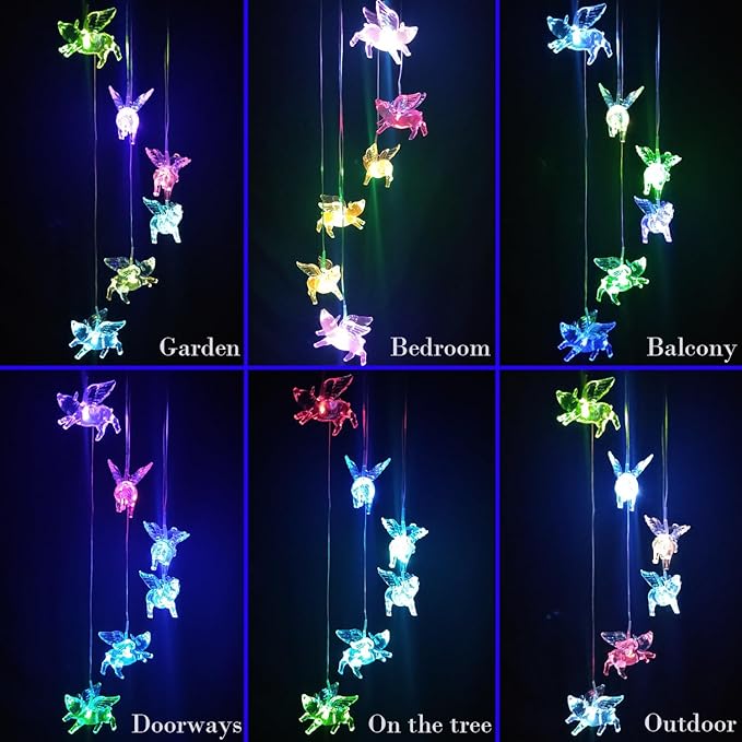 ME9UE Solar Fly Pigs Wind Chimes, Outdoor Waterproof Mobile Romantic LED Multi Color-Changing Solar Sensor Powered Lights for Home, Yard, Night Garden, Party, Valentines Gift, Festival Decor