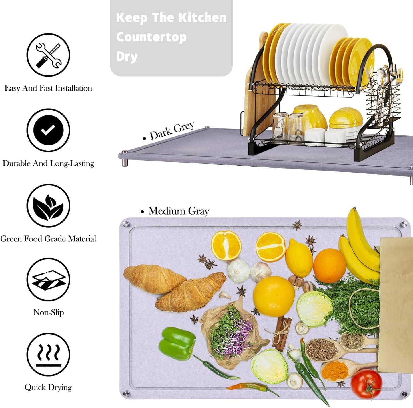 Large Diatomaceous Earth Stone Dish Drying Mats for Kitchen Counter,24"×16",Quick Drying,with 4 Non-Slip Stainless Steel Feet, Suitable for Various Countertops, Bowl Racks, Dark Grey