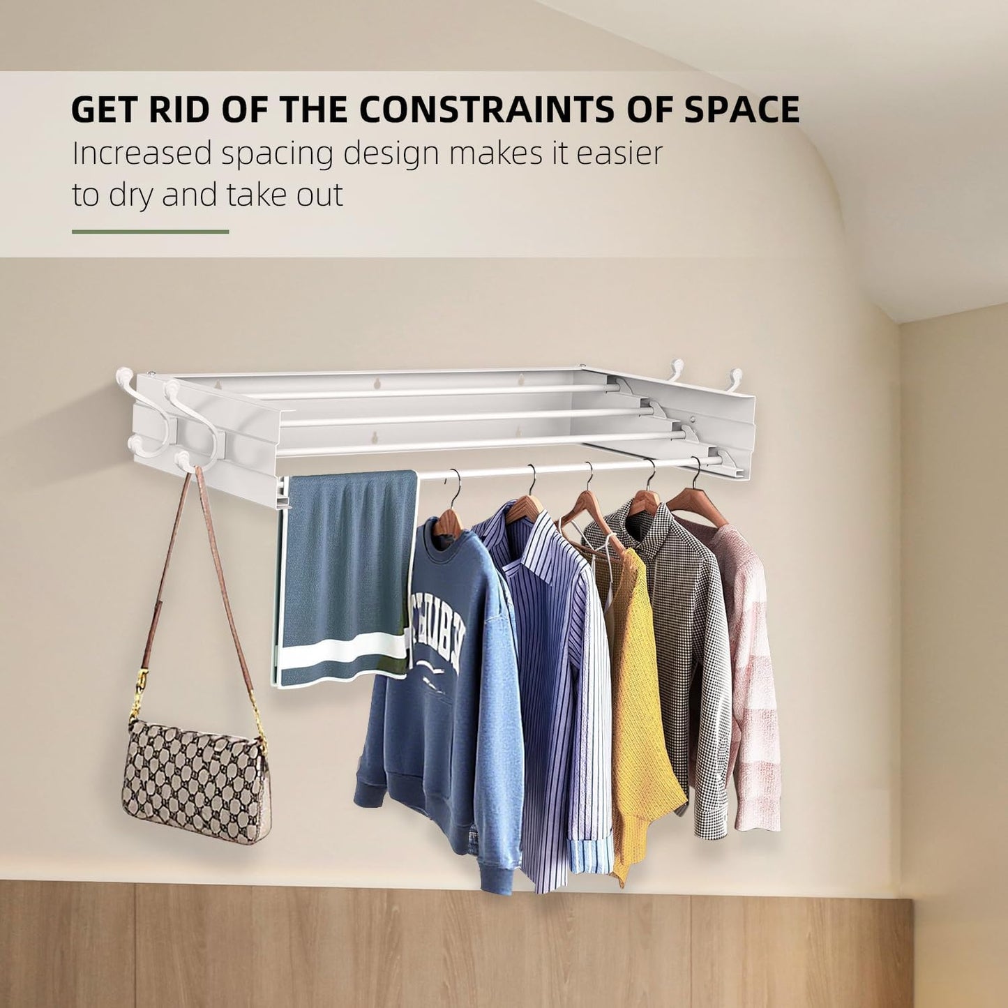 Laundry Drying Rack, Collapsible Wall Mounted Clothes Drying Rack - Foldable,Space Saving, 13.2 Linear Ft, 4 Aluminum Rods, 60 lb Capacity (White, 23.6" Wide)