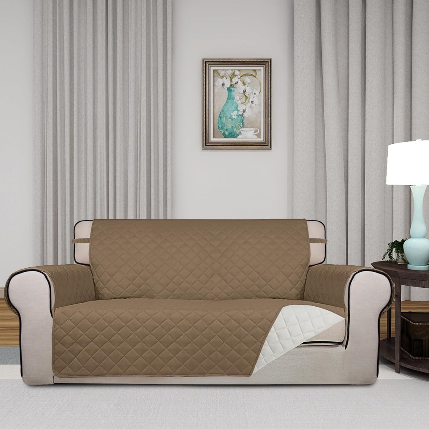 PureFit Reversible Quilted Sofa Cover, Water Resistant Slipcover Furniture Protector, Washable Couch Cover with Non Slip and Elastic Straps for Kids, Dogs, Pets (Oversized Loveseat, Camel/Ivory)