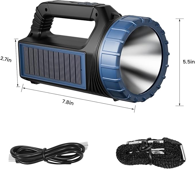 Solar Flashlight，Solar Powered Flashlight for Multi Function 8000 Lumens with Emergency，Portable Bright Camping Rechargeable Flashlights for Home, Outdoor Hiking, Power Outages