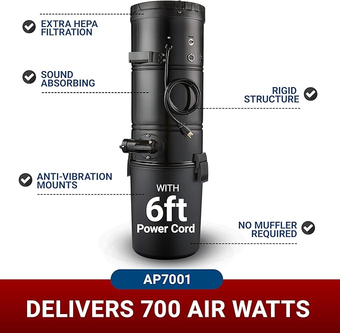 Broan-nutone 700 Air watts Residential Central Vacuum System - Advanced HEPA Filtration with 99.97% dust and microparticle Capture, Anti-Vibration, Powerful Suction