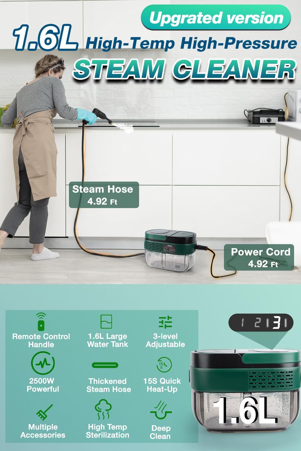 Handheld Steam Cleaner with Handle Control, 1.6L Large Water Tank, 3-Level Adjustable, Thickened Hose, Portable Steam Cleaner, High Temperature Pressurized Steamer for Home, Kitchen, Car (Dark Green)