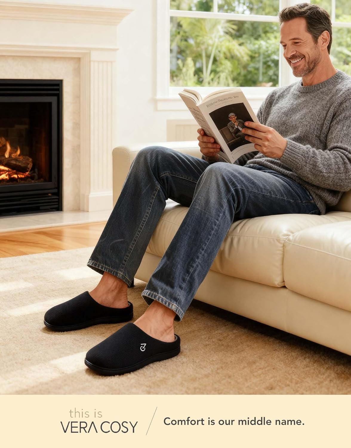 VeraCosy Men's Two-Tone Memory Foam House Slippers Indoor Outdoor Durable Rubber Sole