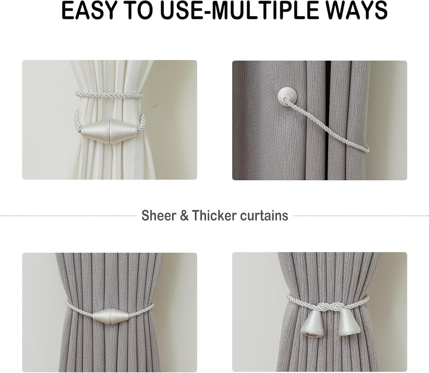 Magnetic Curtain Tiebacks 2 Pack Outdoor Rope Curtain Tie Backs Decorative Window Treatment Holdbacks for Home Decorative Curtain, White