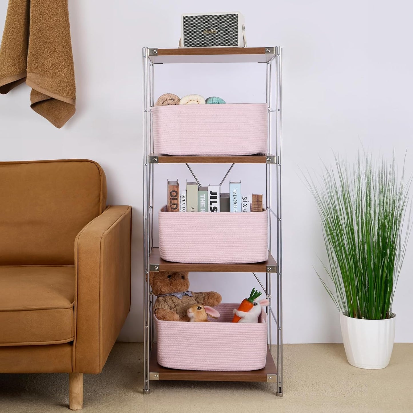 Large Storage Baskets for Shelves, Closet Organizers Bins for Clothes Blanket Towels, Baby Nursery, Toy Baskets Box, Woven Rope Baskets, 17 x 13 x 7.5”, 3 Packs Light Pink