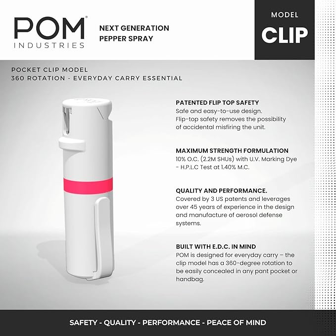 POM Pepper Spray Pocket Clip, Quick Flip Top Safety, Maximum Strength OC Formula with UV Marking Dye, Safe Compact and Tactical Design for Everyday Carry, 25 Bursts, 10 ft Range, 0.5 fl oz