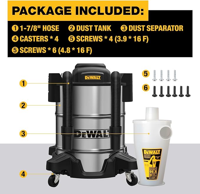 Dewalt Dust Separator with 10 Gal Stainless Steel Tank, 99.5% Efficiency Cyclone Dust Collector, High-Performance Cycle Powder Collector Filter, Dust Cyclone Collector, DXVCS003