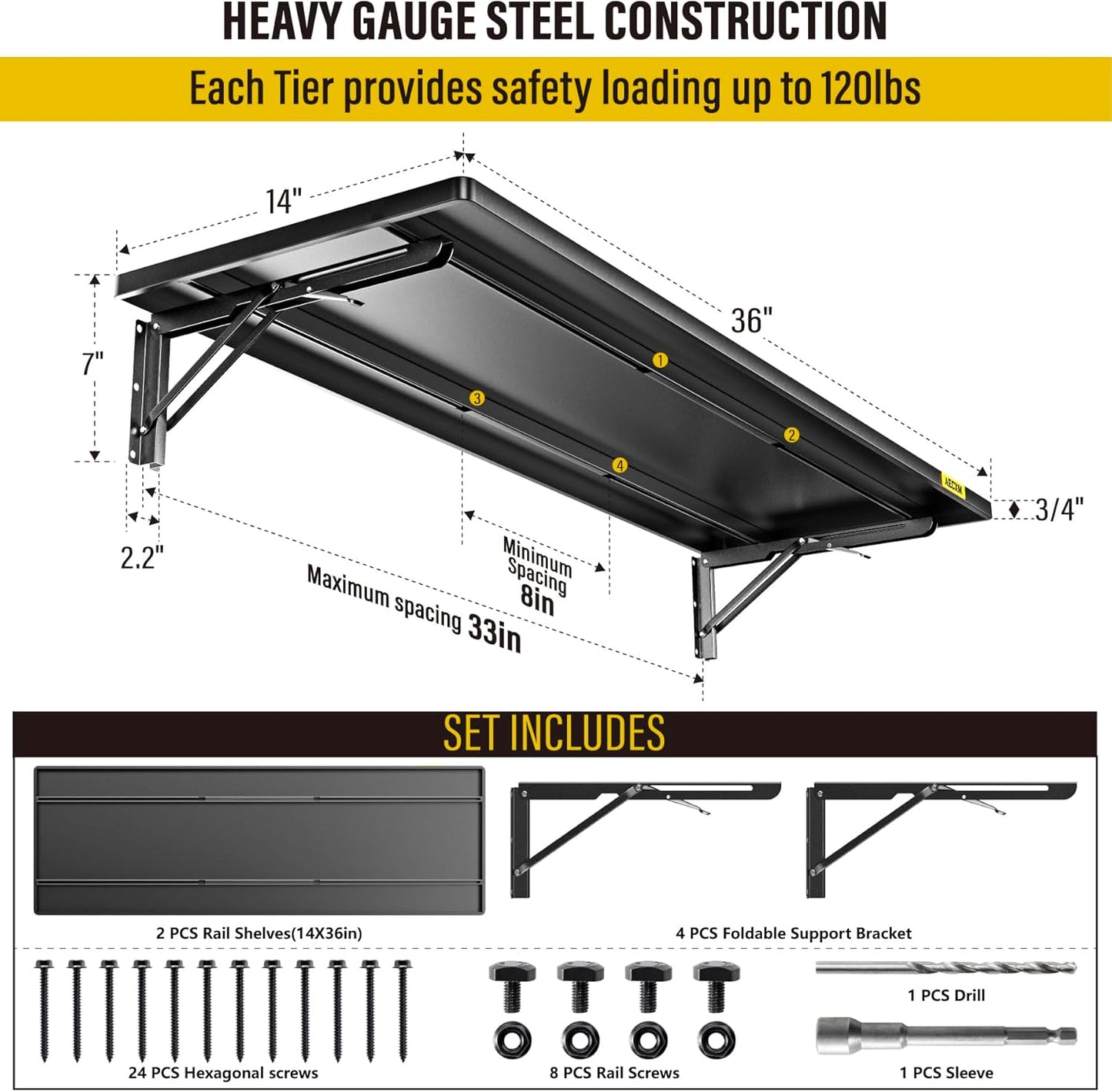 2pack-1.2x3ft Adjustable Rail Type Folding Storage Rack Shelf, Suitable for Garage, Storage Room, Kitchens Wall Shelf Garage Storage Rack Floating Shelves, Folding Panels (2pcs-Black)