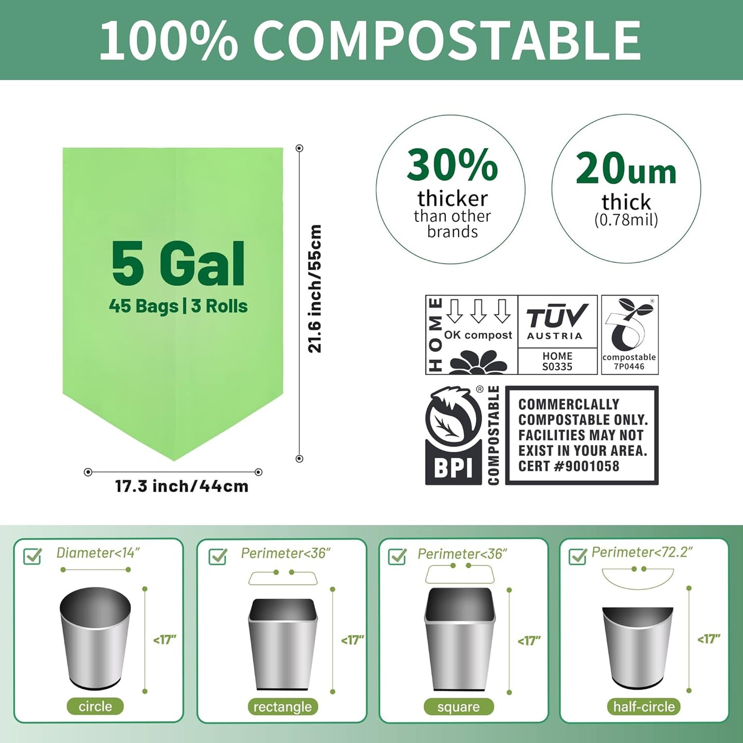 5 Gallon Trash Bags Compostable Compost Small Garbage Bag Extra Thick 0.78 Mil for Kitchen Bathroom BPI Certified 45 Counts, Green