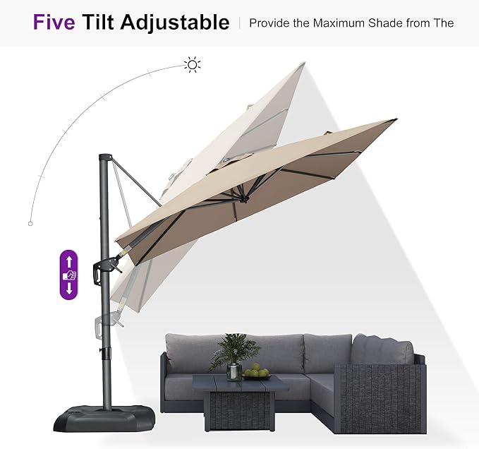 PURPLE LEAF 8 Feet Outdoor Square Cantilever Umbrella Patio Umbrella with Base Aluminum Offset Umbrella with 360-degree Rotation for Garden Deck Pool Patio Taupe