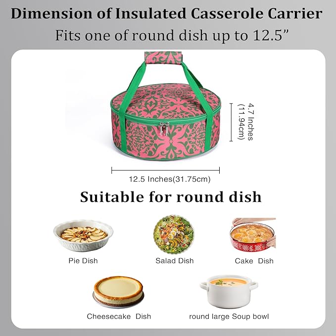 Round Portable Insulated Thermal Dish Carrier Bag for Pie and Cake Transport to Keep Food Hot/Cold/Fresh for Lunch, Potlucks Parties Gathering,Cookouts,Church Dinner,Outdoor Events-Pink