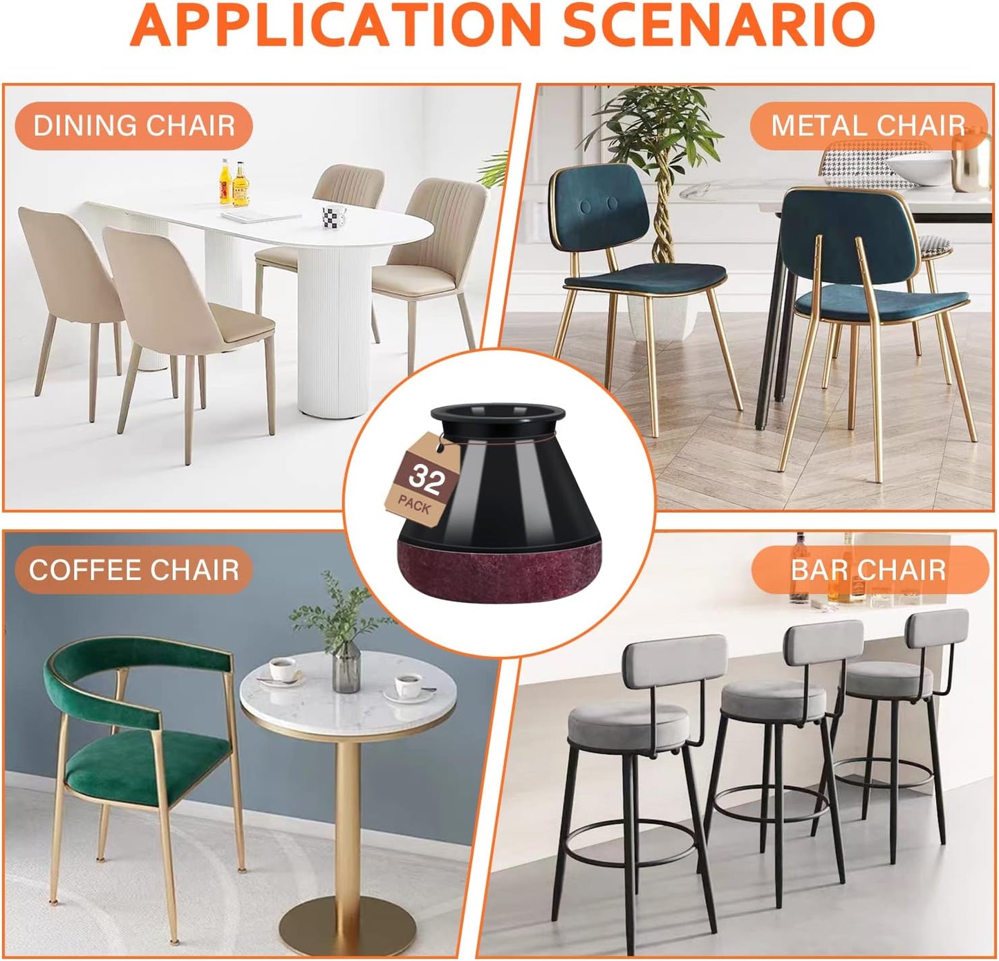 Chair Leg Floor Protectors Chair Leg Protectors for Hardwood Floors Felt Silicone Caps Strengthen Bottom Protection Anti-Scratch Reduce Noise 32 Pack Black Round Medium Fit 3/4" to 1-3/16" (19-30mm)