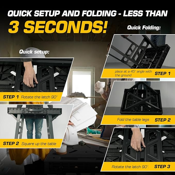 Express Folding Work Table, Easy Setup Portable Folding Work Table & Portable Folding Workbench, 34" W x 25" D x 31" H Lightweight Versatile Clamping Worktable for Garage/Wood Shop (Yellow)