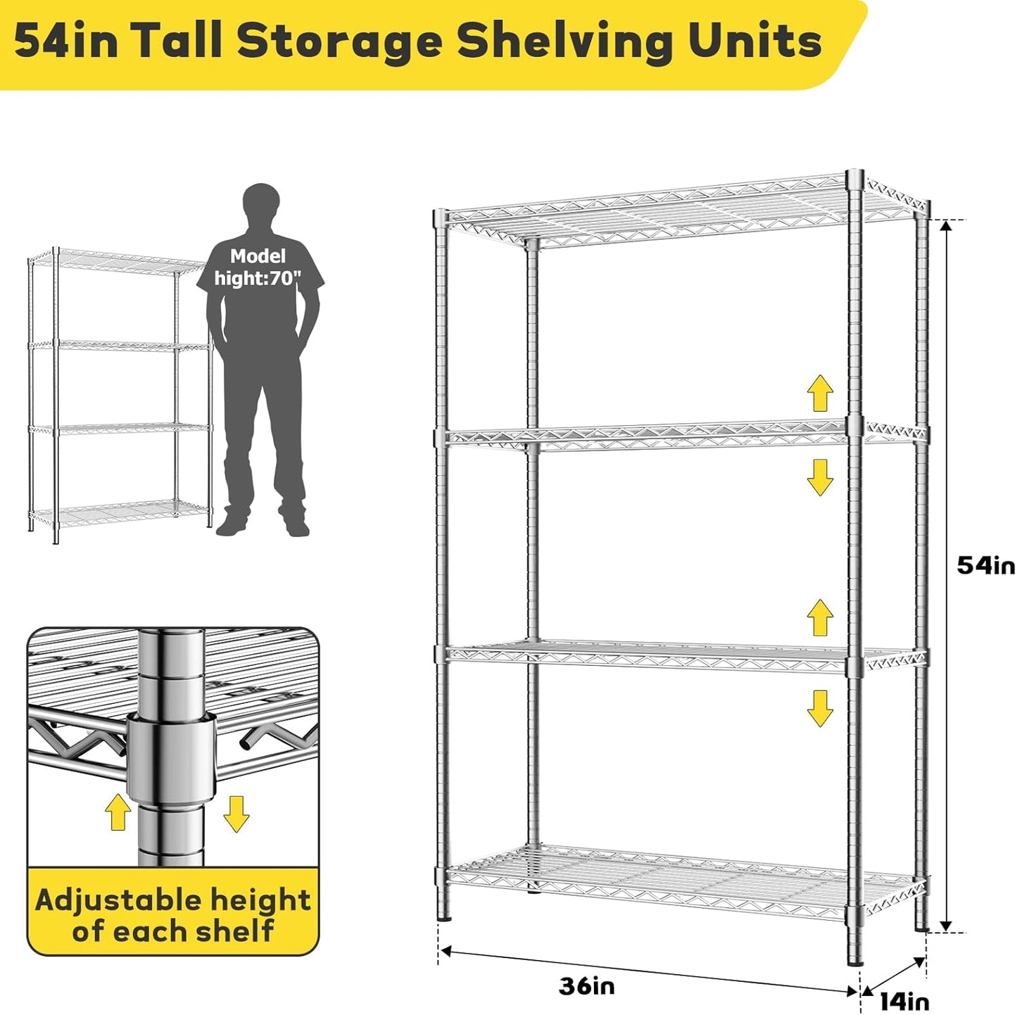 Storage Shelves, 36" L x 14" W x 54" H Heavy Duty Garage Wire Shelving Unit Loads 1400LBS, 4-Tier Adjustable Metal Industrial Utility Shelf Rack for Kitchen, Laundry Room, Basement