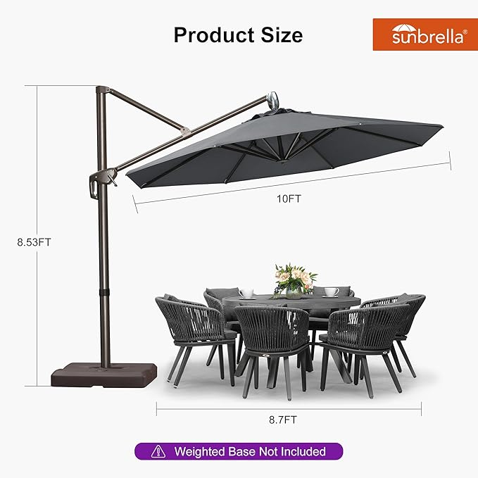 PURPLE LEAF 10FT Cantilever Patio Umbrella with 360-degree Rotation Aluminum Round Outdoor Offset Handing Umbrella for Patio Pool, Deep Grey