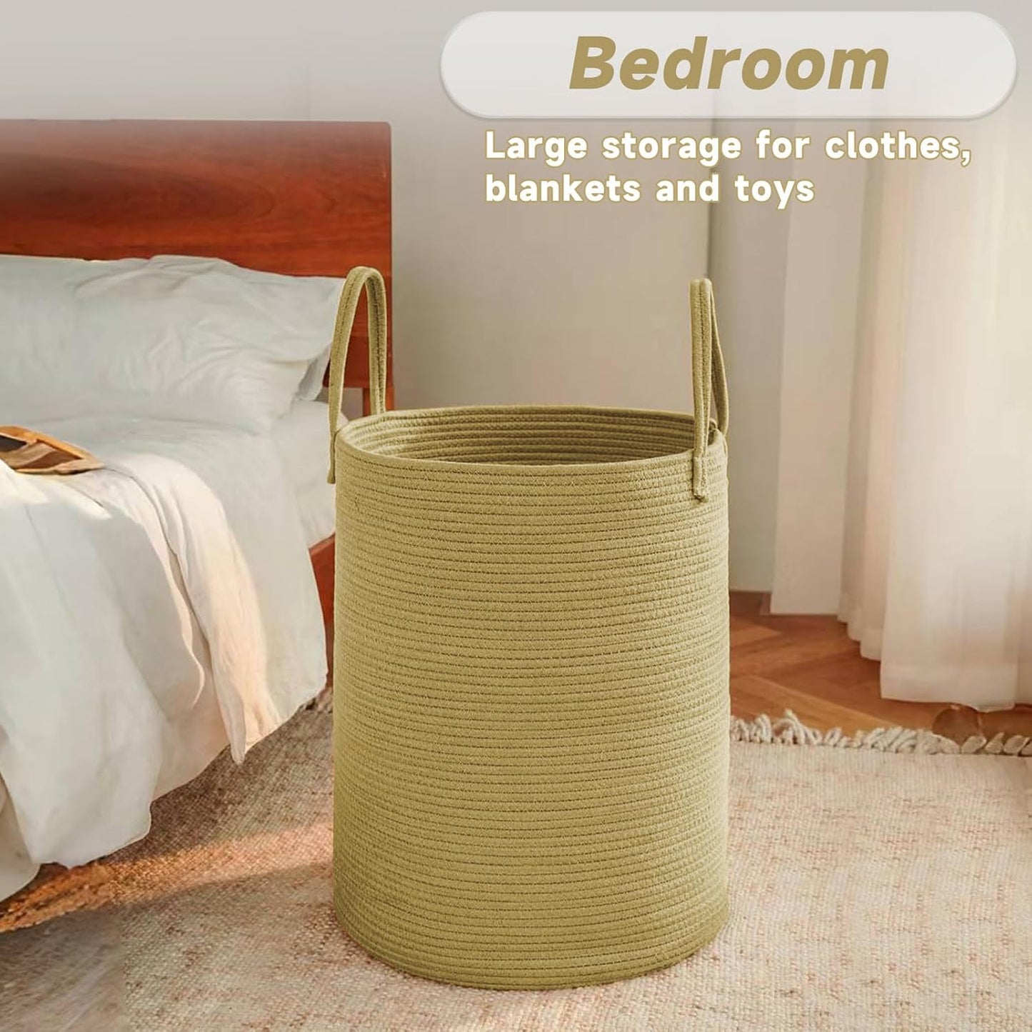 Large Woven Laundry Basket Hamper,80L Cotton Rope Storage Bin for Blankets,Toys and Clothes,Decorative Tall Nursery Hamper for Living Room,Baby Nursery,Bathroom and Bedroom,Jute