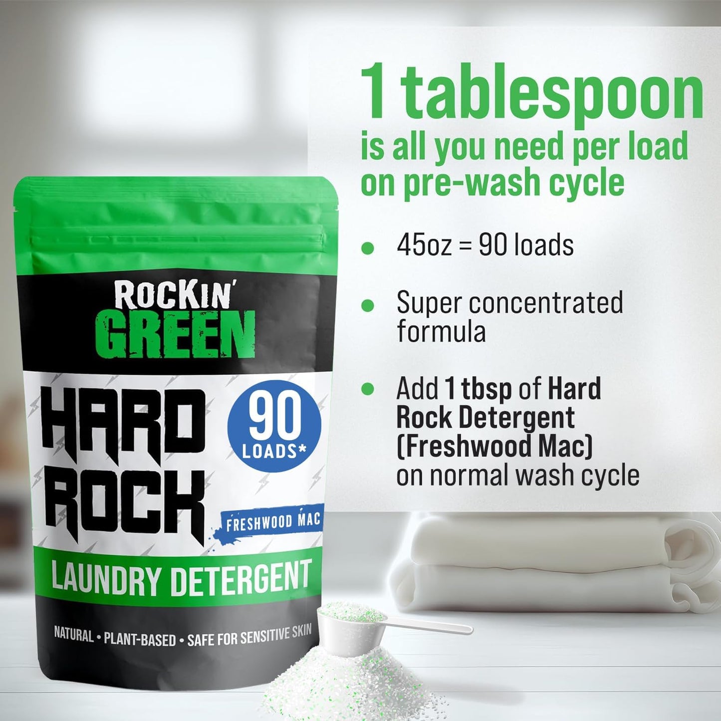 Rockin' Green Hard Rock Laundry Detergent for Hard Water (90 Loads), Plant based, Natural Laundry Detergent Powder, Biodegradable Odor Fighter, Safe for Sensitive Skin, 45 oz (Freshwood Mac)