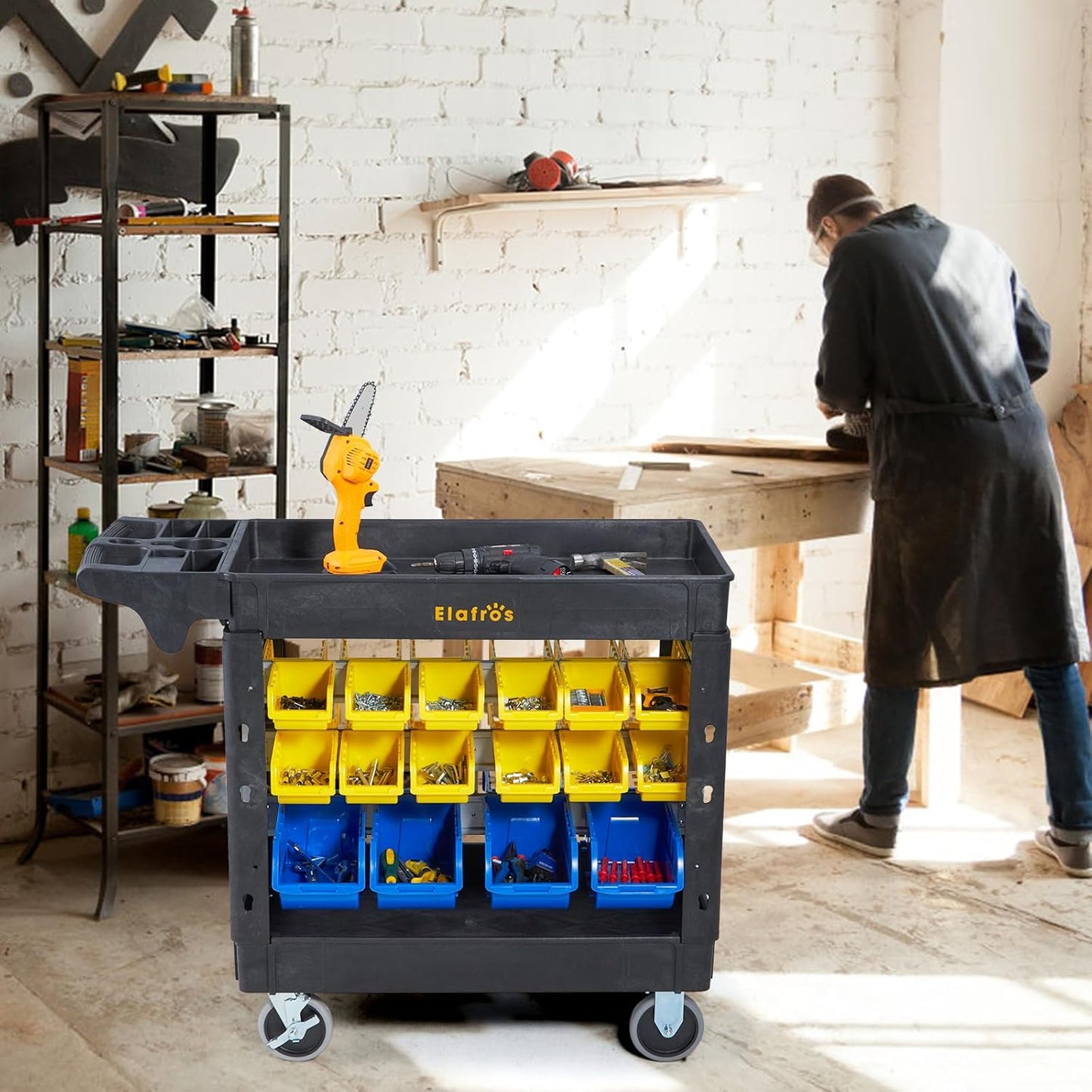 Elafros 2-Tier Utility Cart with 32 Storage Bins – Heavy-Duty Rolling Service Cart with Deep Tub Shelves, Locking Wheels, 550 lbs Capacity, 40.7"x17", for Workshop, Garage, Office