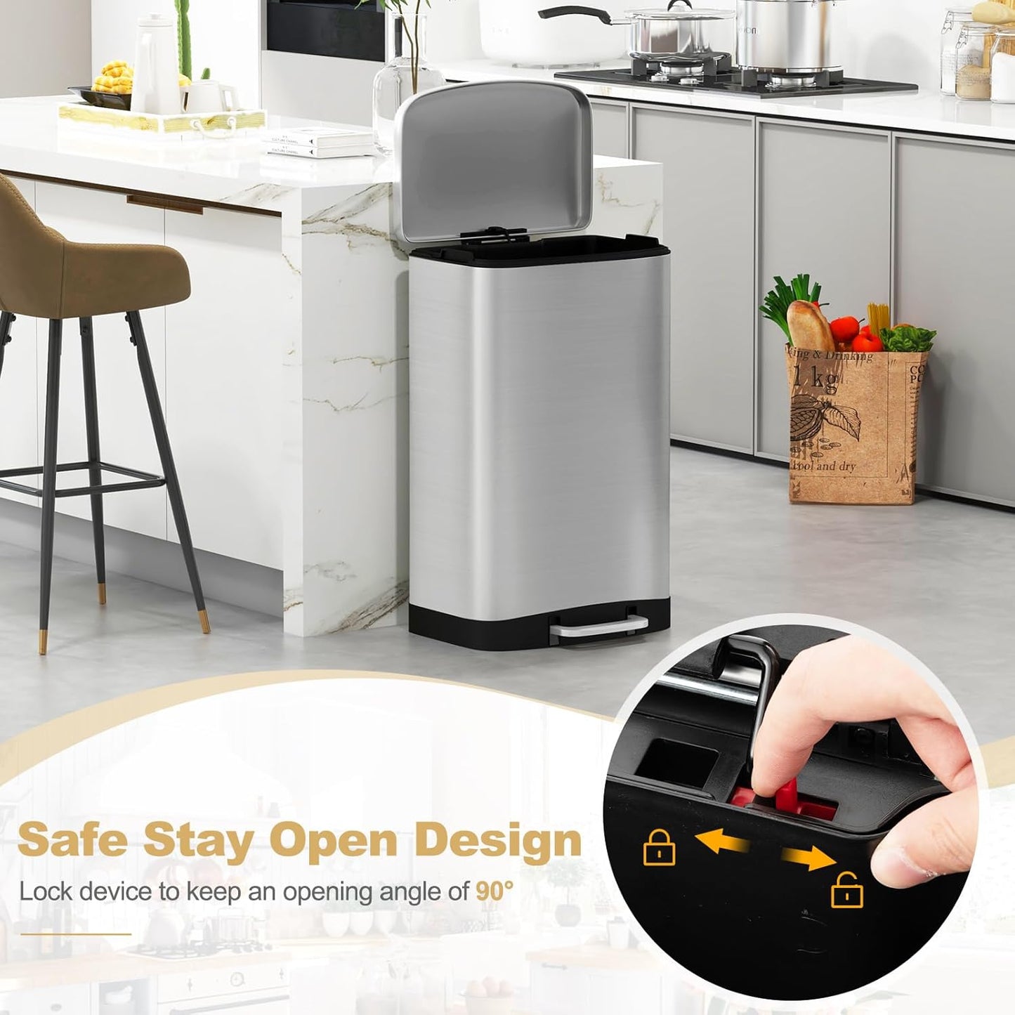 S AFSTAR 13.2 Gal Step Trash Can, 50 Liter Stainless Steel Pedal Trash Bin W/Lock Device & Soft Closing Lid, Recycling or Waste Bin, Rectangular Hand-Free Step-on Garbage Bin for Kitchen Home Office