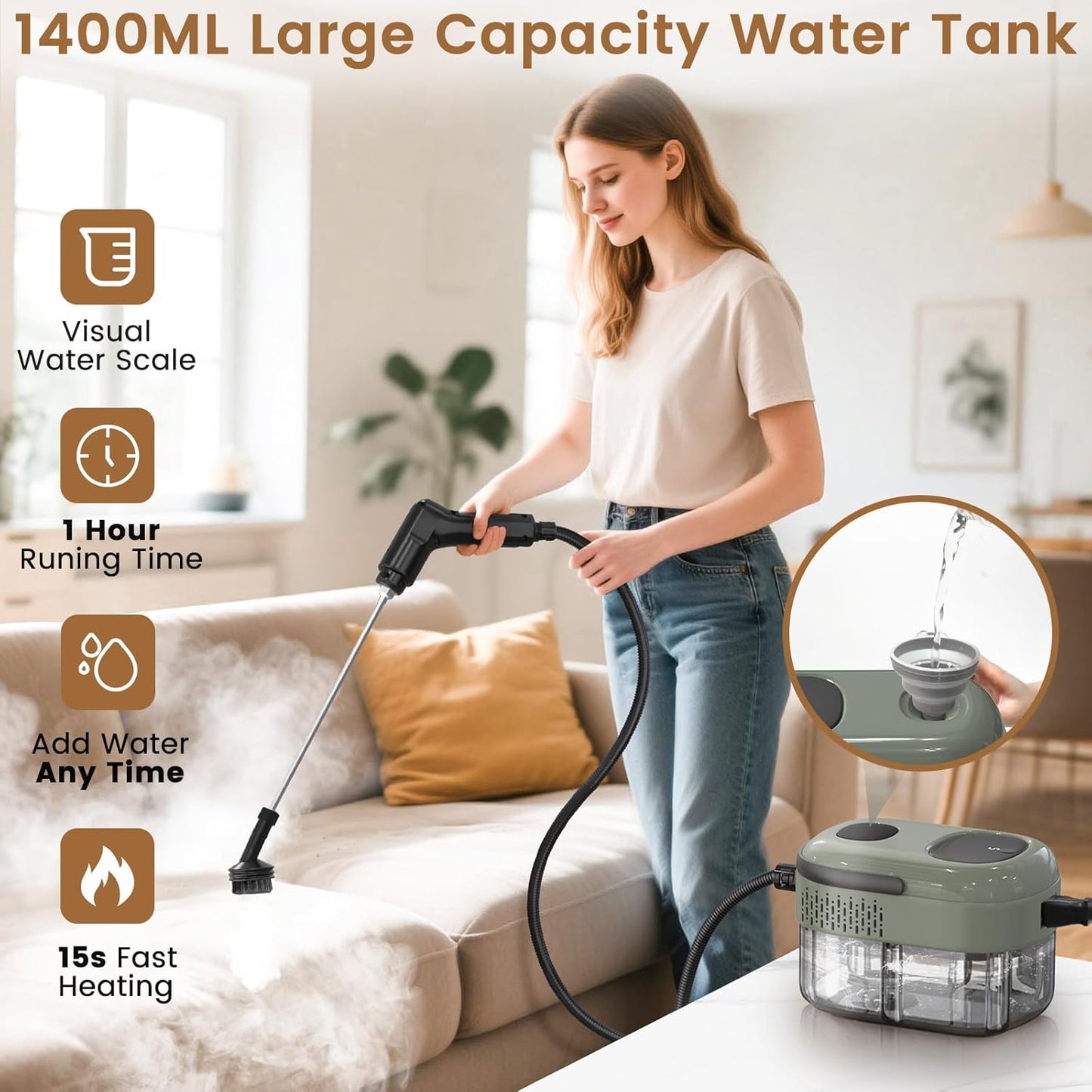 2500W Handheld Steam Cleaner, 3-Level Adjustable Steam Cleaner for Home with 21 Accessories, Multipurpose Portable Steamer Cleaning for Car,Floor,Furniture,Tile,Grout,Couch,Fast Heat-Up (Green)