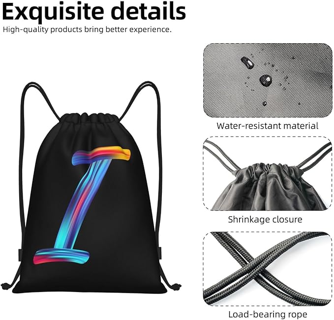 Drawstring Bags Initial Drawstring Backpack Sackpack Black Draw String Cinch Bags for Sports, Gym, Travel, Swimming, Beach, Camping, Rainbow Letter I