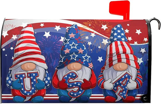 Patriotic Gnomes USA Flag Mailbox Cover Independence Day July 4th Mailbox Covers Oversize 25.5"" x 21"" Happy Holiday Waterproof Post Box Cover Wraps for Outdoor Garden Yard Home Decor