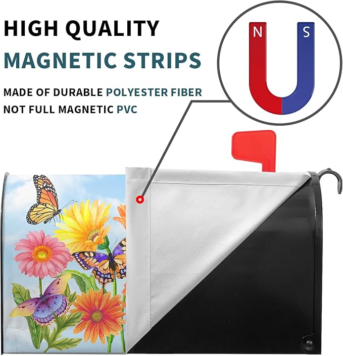 Summer Flower Mailbox Covers Magnetic Large Size 25.5 x 21 Inch Beautiful Fluttering Butterfly Mailbox Covers Colorful Floral Decorative Mailboxes Wraps Post Letter Box Cover for Outside