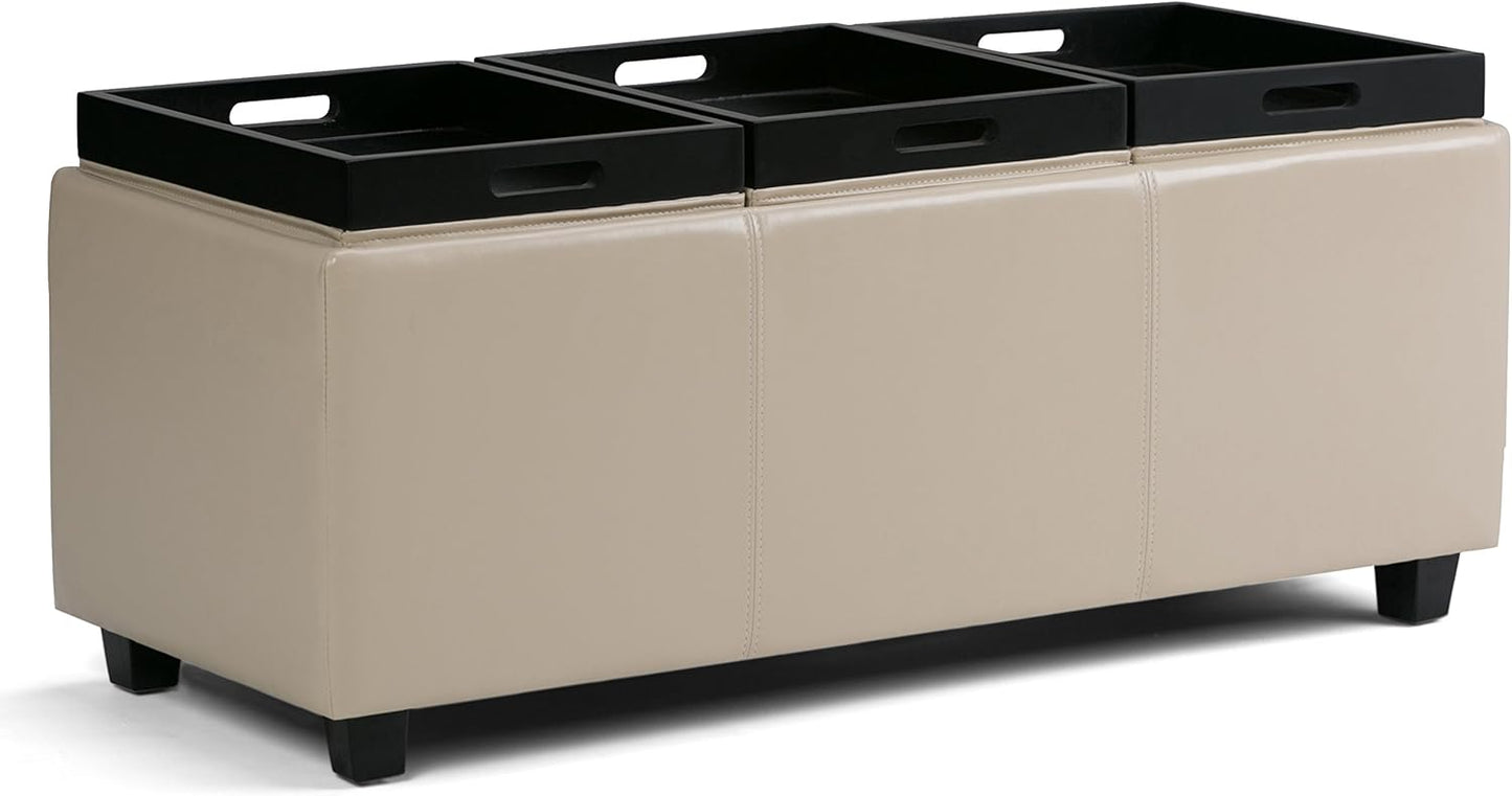 SIMPLIHOME Avalon 42 inch Wide Contemporary Rectangle Storage Ottoman in Satin Cream Vegan Faux Leather, Assembled, for the Living Room, Entryway and Family Room