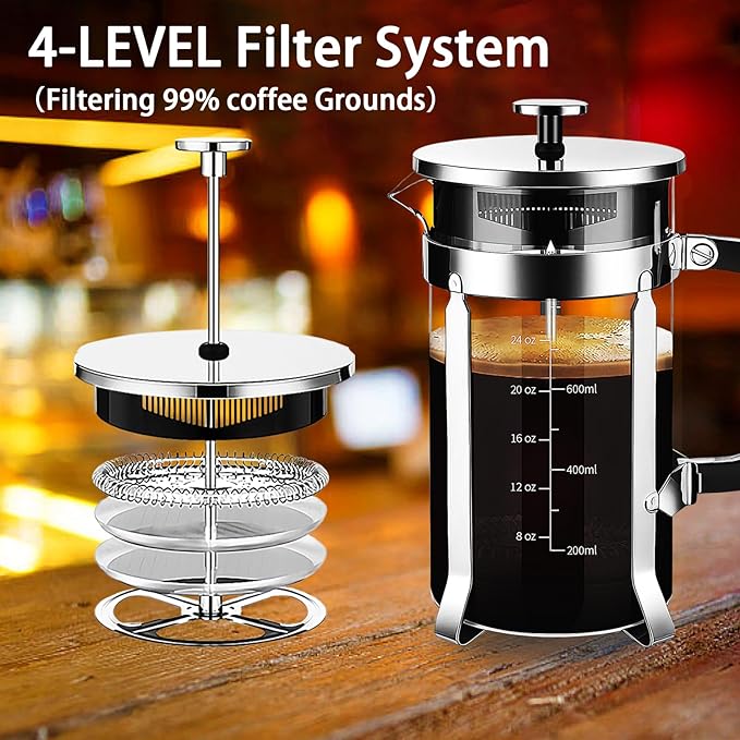 French Press Coffee Maker 304 Stainless Steel Coffee Press,with 4 Filters System, Heat Resistant Thickness Borosilicate French Press Glass, BPA-Free Brewed Tea Pot Coffee Plunger