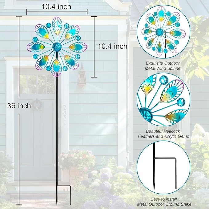 Metal Peacock Wind Spinner for Outdoor Garden Decor - 36 Inch Height Feather Wind Catcher with Stake, Lawn & Patio Art, Weather-Resistant Yar