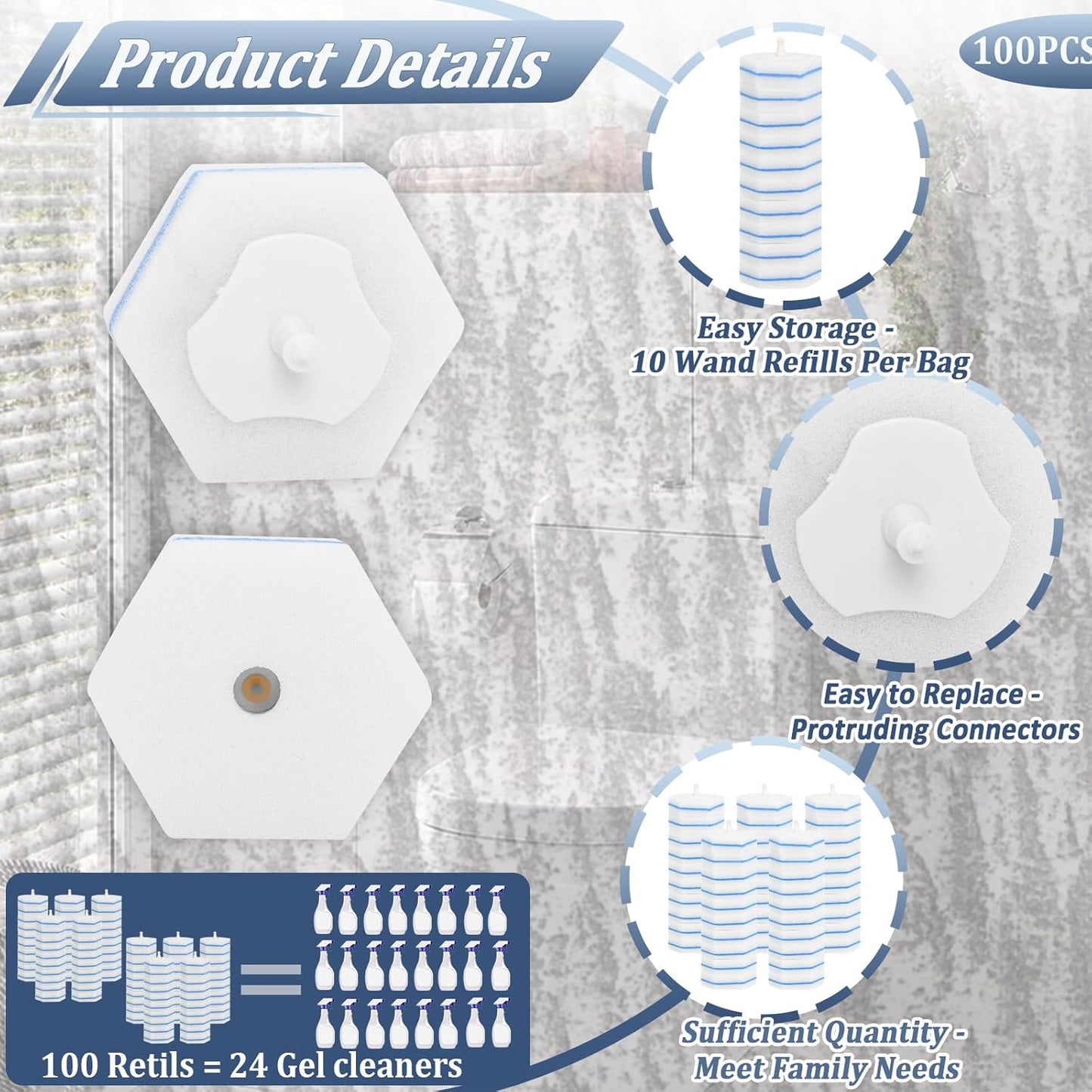 Disposable Toilet Bowl Wand Refills, Toilet Cleaner Refill Pads Compatible with Most Wands, Disposable Toilets Brush Replacement Head Scrubbing Pads for Bathroom Cleaning(100 Packs)