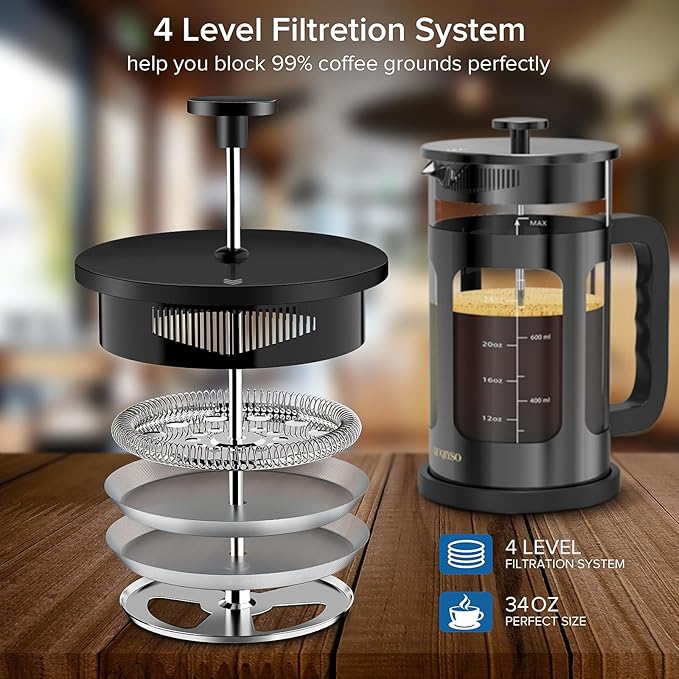 QUQIYSO French Press Coffee Maker 34oz 304 Stainless Steel French Press with 4 Filter, Heat Resistant Durable, Easy to Clean, Borosilicate Glass Coffee Press, 100% BPA Free Glass Teapot, Dark Pewter
